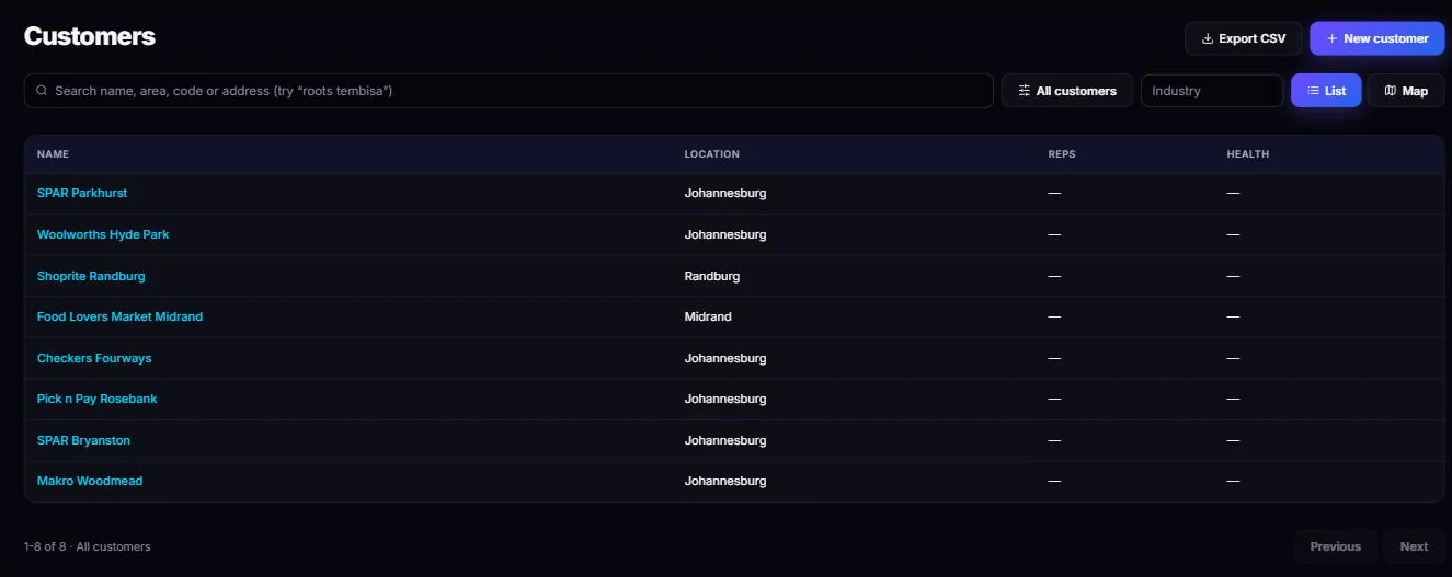 The Orbit customer list showing accounts by name, location, assigned reps and account health